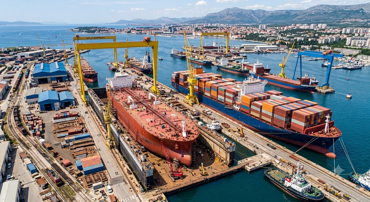 Commercial vessels in a large Adriatic shipyard