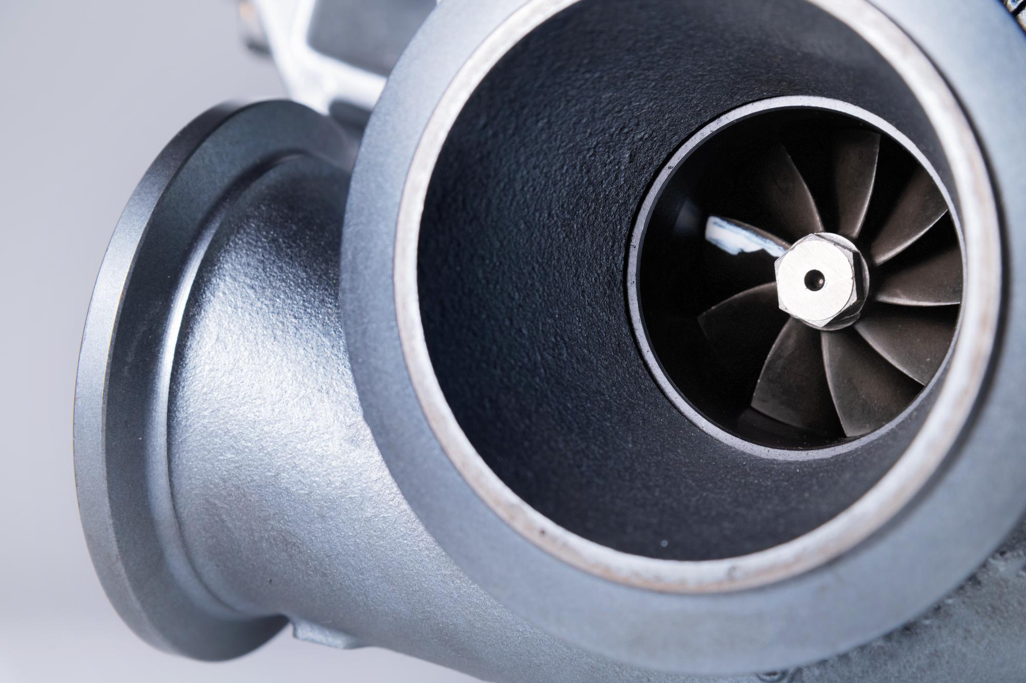 Close-up of a marine turbocharger compressor housing