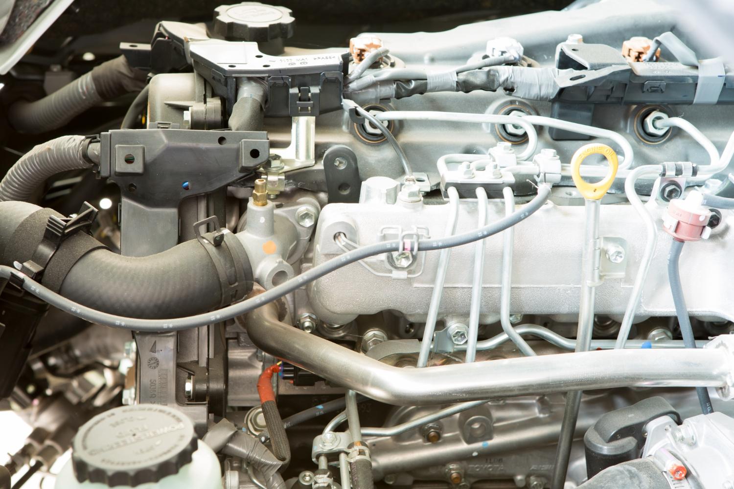 Marine diesel engine detail with fuel and cooling lines